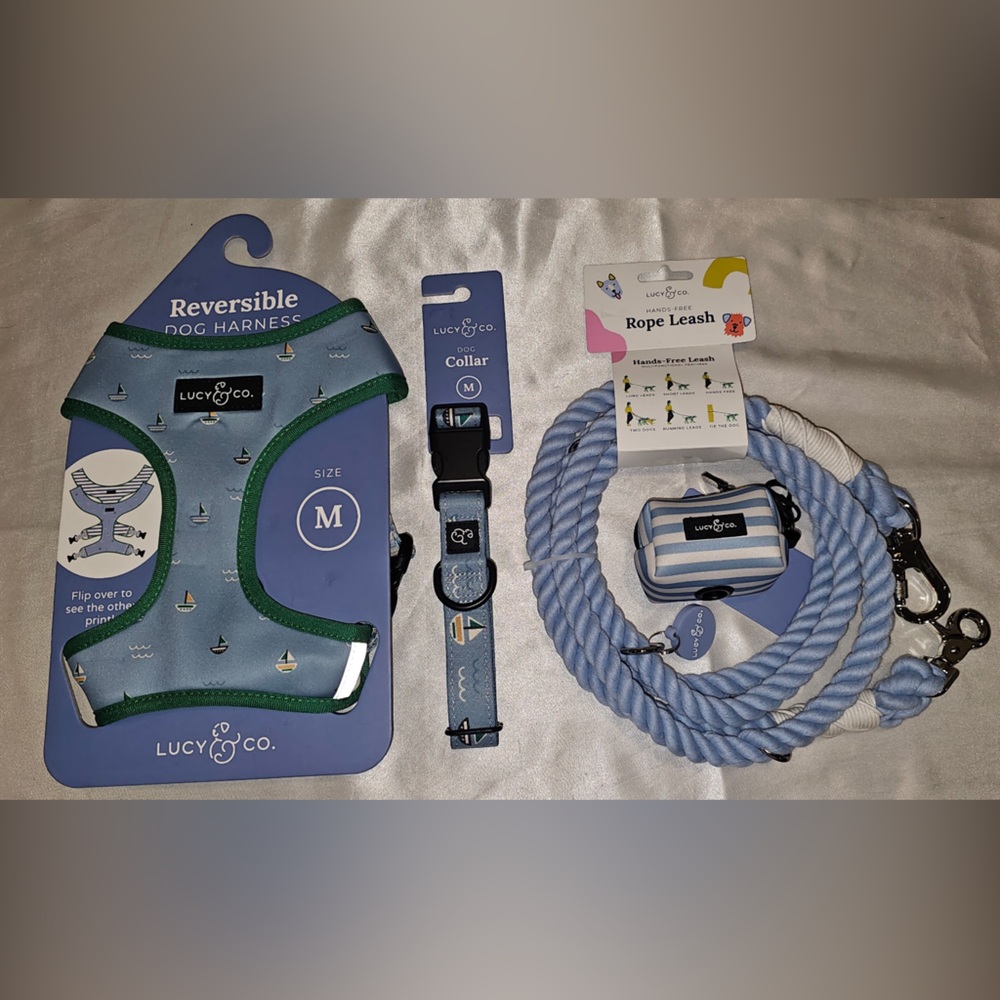 Lucy & Co Blue Sail Dog Harness, Collar, Rope Leash, Poop Bag Holder (M)